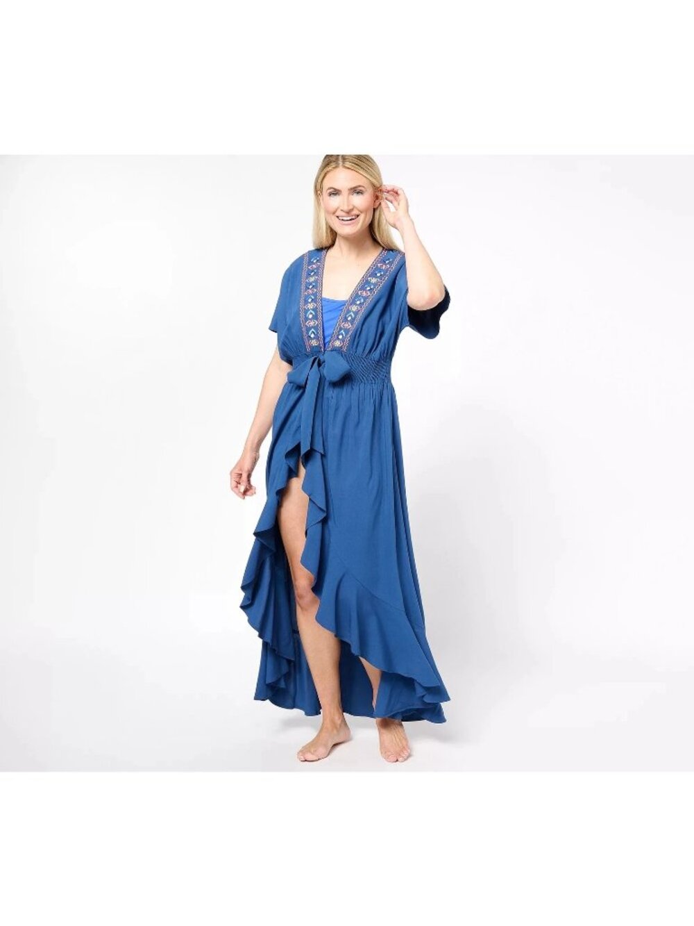 America & Beyond Caftan XL Embroidered Tie Waist Navy Multi Beach Cover Up NEW